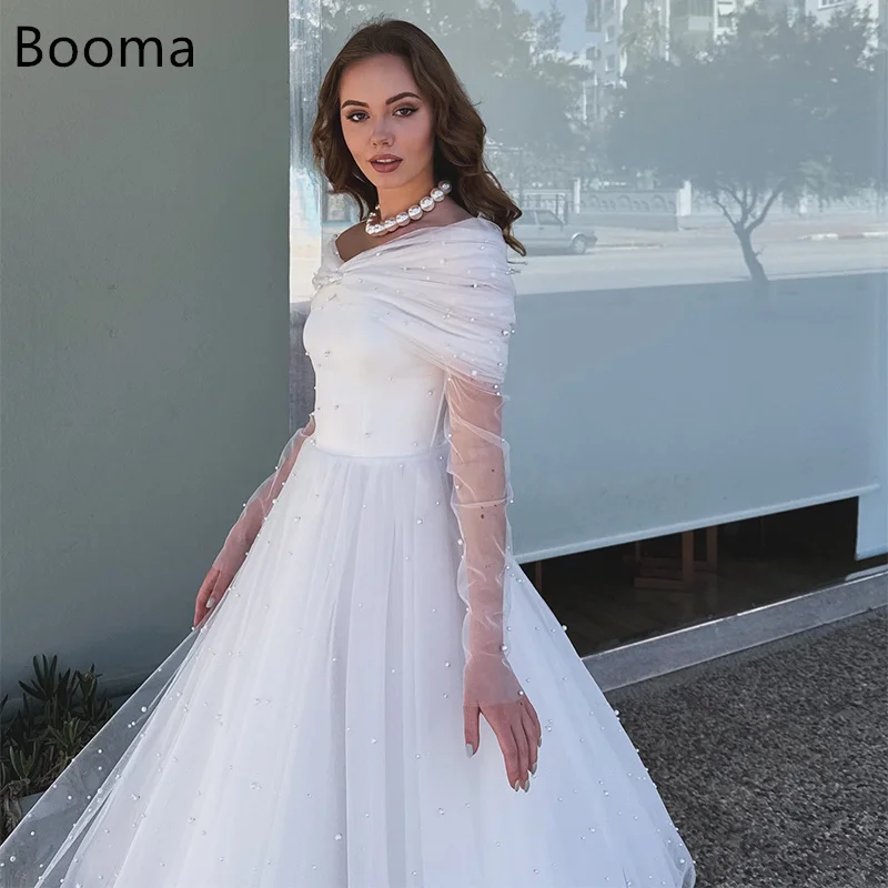 

Booma A-Line Simple Long Wedding Dresses Off The Shoulder Sleeveless Pearl Satin Elegant Brides Gown Custom Made 2025