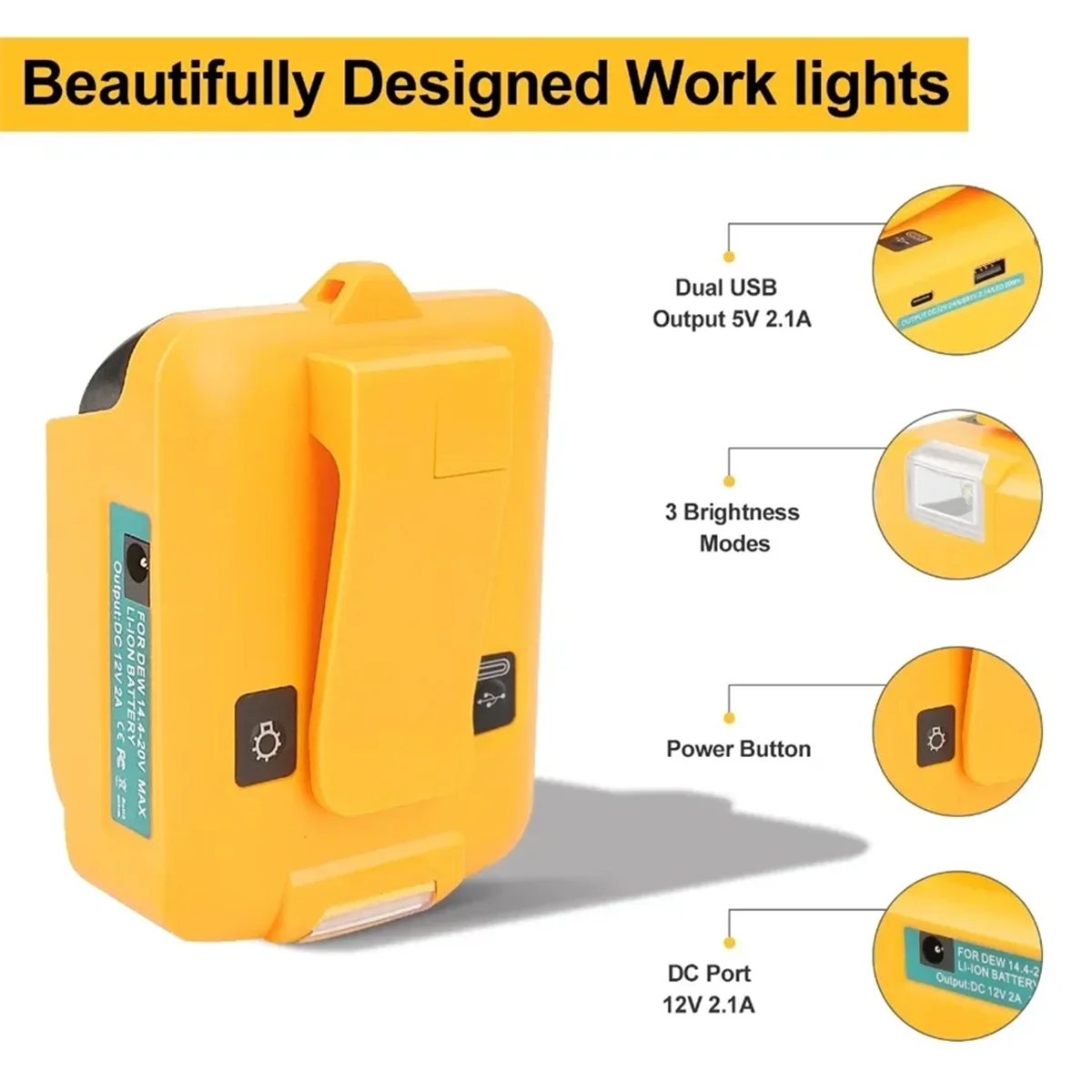 COTS-t2 USB Battery Adapter for Dewalt LED Work Light 18V 20V 60V Li-Ion Battery Power Tools DC 12V/2A Output