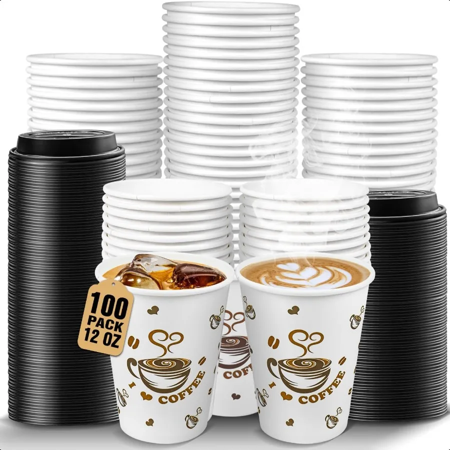 

Coffee Cups with Lids 12 oz 100 Pack To Go Paper Coffee Cup for Hot CoCoa Hot Chocolate Coffee Bar