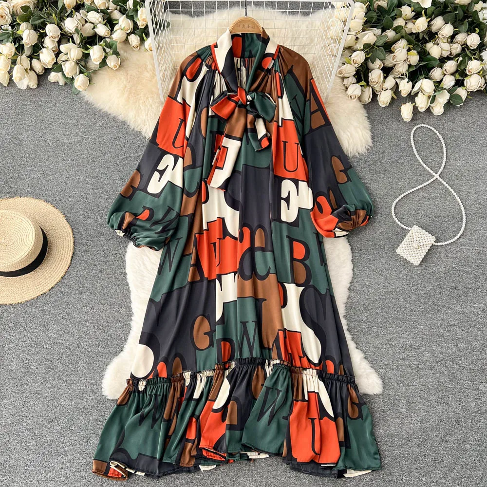 Women's Runway Fashion Spring Summer Long Sleeve Casual Loose Print Dress Female High Waist Chic Party A-line Dress TB2615