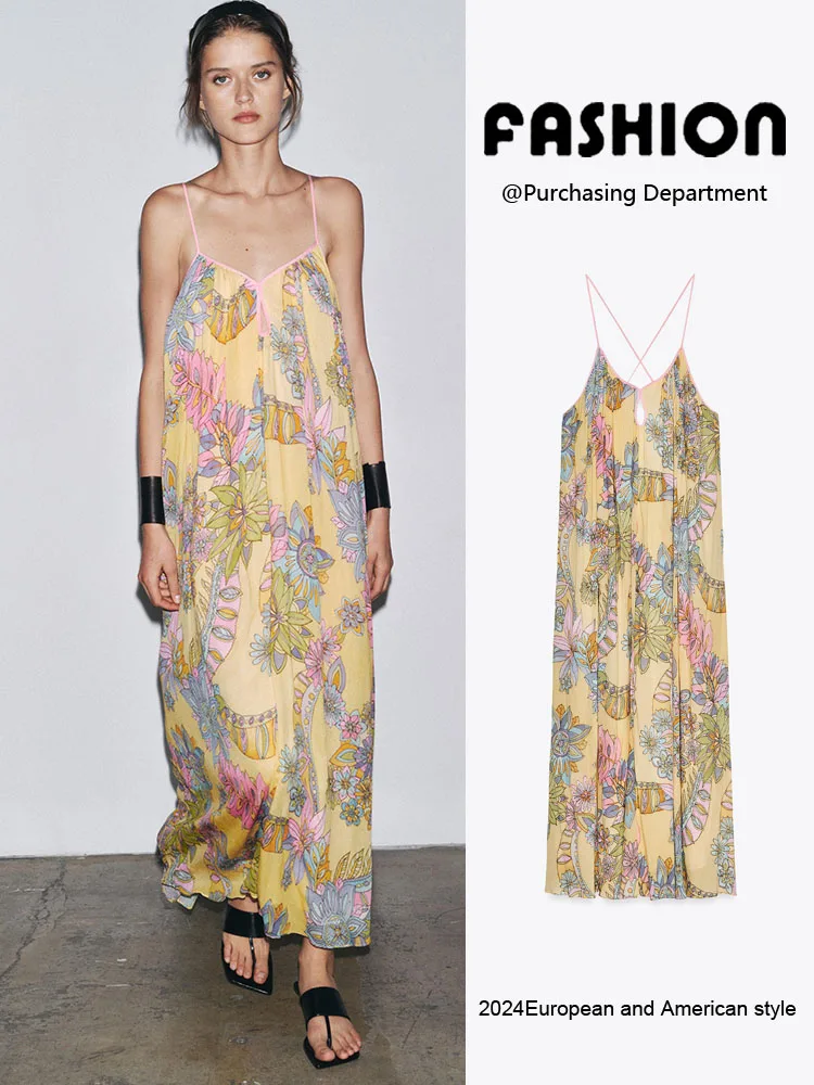 

Сексуальное бальное длинное платье Dr ZA2025, новое летнее женское модное платье с принтом на бретельках, идеально подходящее для сцены и этини...