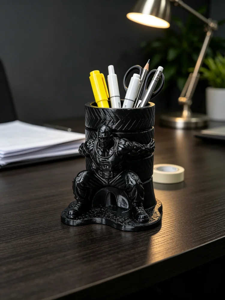 Desktop Storage Box in the Shape of a Man Carrying a Tire, Muscle Man Figurine Pen Holder, Creative Human-Shaped Sculpture Pencil Holder, Black Petg Matte Plastic Material, Solid Resin Texture Large-Capacity Pen Cup, Space-Saving Stable Base, Fun Office Desk Decoration, Suitable for Office and Home Desks, Fun Gift for Men, Teachers, and Fitness Enthusiasts