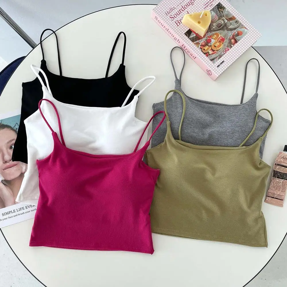 

New Women Tank Tops Sexy Hollow Back Camisole With Chest Pad Summer Basic Elastic TankTop One-piece Vest Casual Short Crop tops