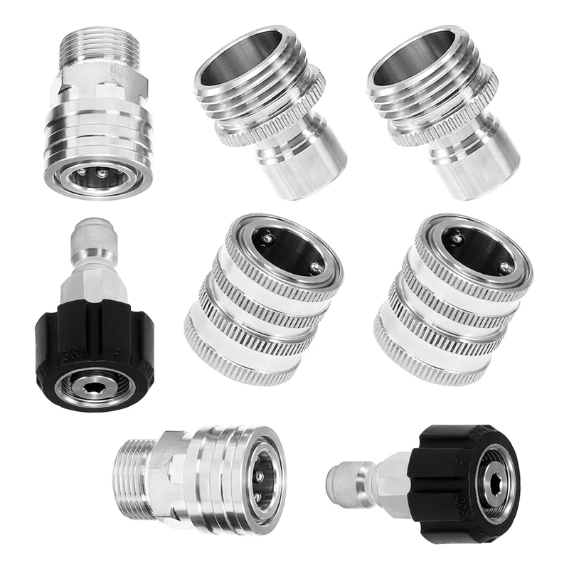 

Pressure Washer Adapter Kit Stainless Steel Quick Connect Set M22 14Mm To 3/8 Inch Quick Disconnect Kit Metal 8Piece