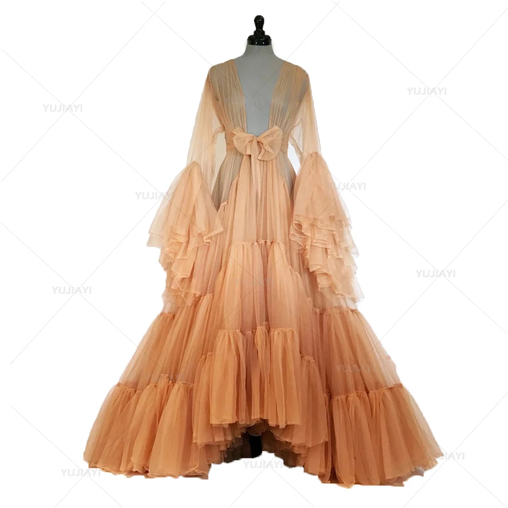 Puffy Tulle Robe Perspective Sheer Long Bridal Sleepwear Dressing Gowns Fluffy Maternity Dress Photoshoot Evening Party Gowns