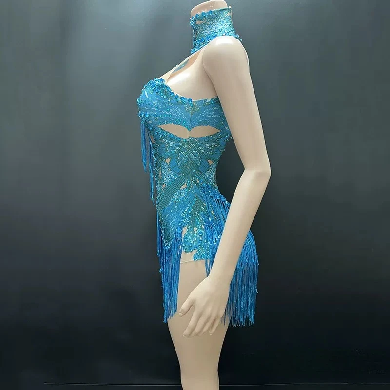 

Peacock Blue Flowy One-Shoulder Jumpsuit Unique Long Sleeve Stage Costume for Bar Dancing Slimming Elegant Dress for Talent Show