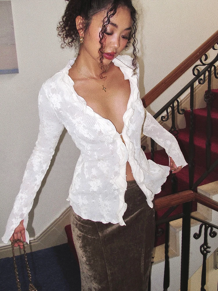 

Сексуальный вязаный свитер с V-образным вырезом для женщин, ранняя осень, с кружевной отделкой, утягивающий топ Mis Sensation, ITSNIKAR, из смеси полиэстера и спандекса, длинный рукав