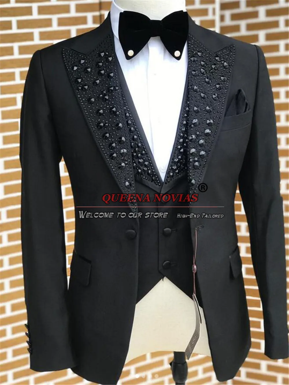 Black Groom Wear Men's Suits Bespoke Stone Beaded Lapel Prom Blazers Man Fashion Wedding Tuxedos Formal Party Business Clothing