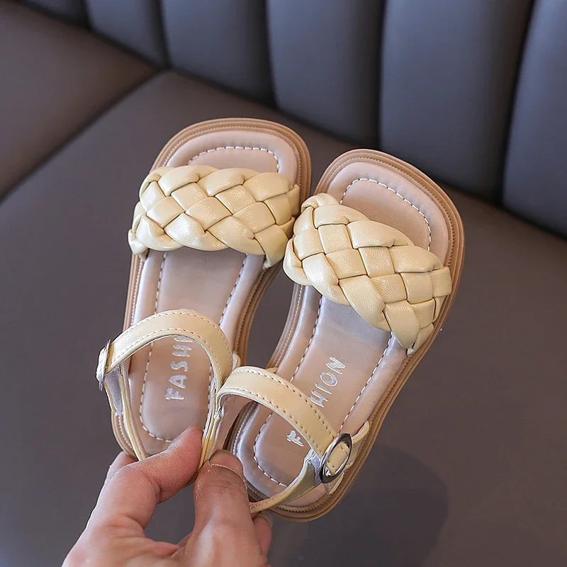 

Children Sandals Toddler Shoes Girl Summer Braided Vacation Square Toe Cute Beige Yellow 21-36 Pu Fashion Kids Sliders