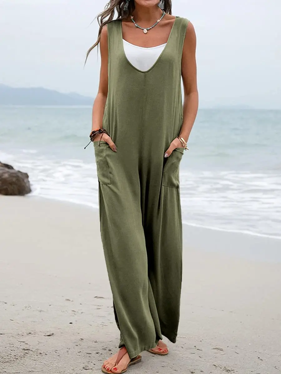 

2025 AliExpress Europe and the United States summer new solid color patch pocket fashion jumpsuit, V-neck strap wide-leg pants