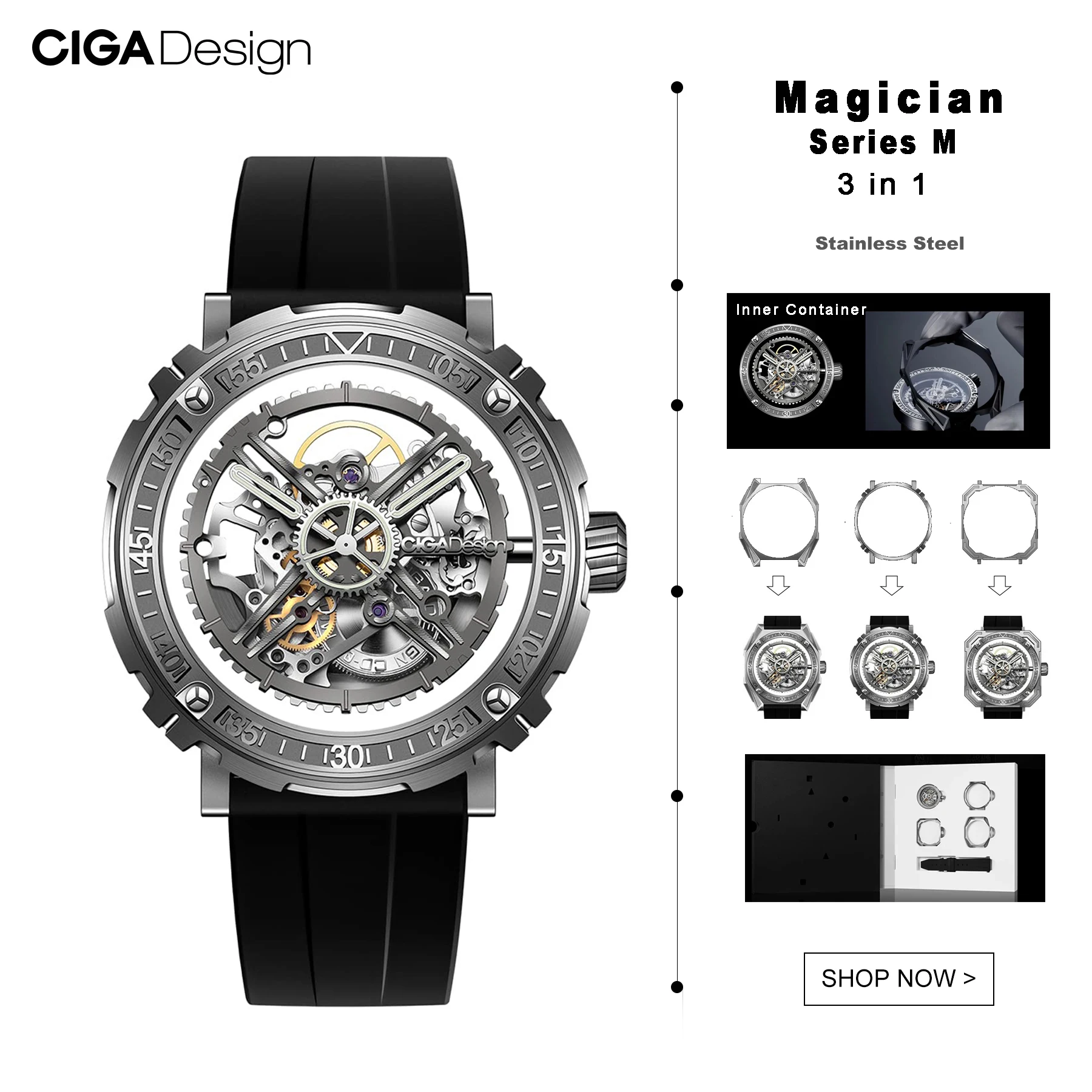 CIGA Design Mechanical Watches for Men Automatic Skeleton Watches 3 in 1 Magician Series 316L Steel Case Fluororubber Strap