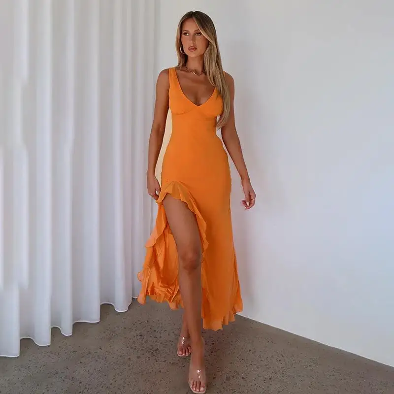 Printemps été 2025 JY2407 robe ajustée V Ne Svel avec fente et bordure en dentelle taille haute t-shirt européen en Fiber d'acétate