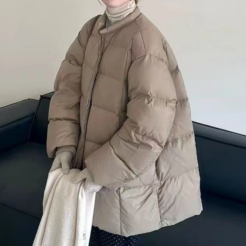 Women's Winter Padded Coat Round Neck Long Sleeve Quilted Jacket Mid Long Casual Loose Fit Outerwear Cozy Soft Warm Basic Parkas