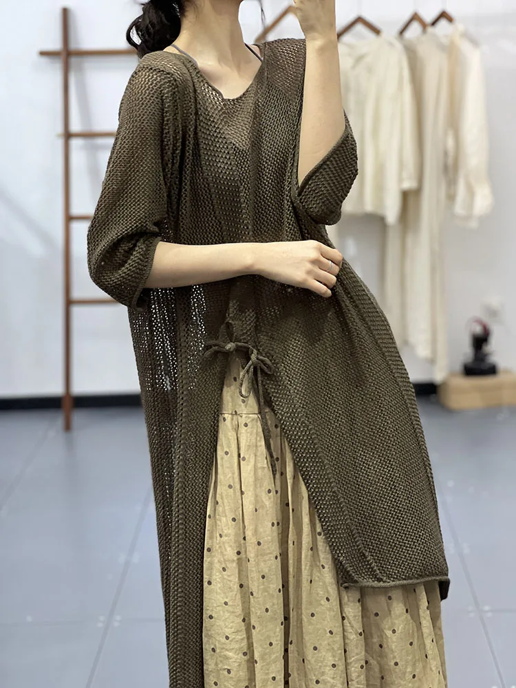 

Korean Sle Women's Knitted Loose Top Chop Label Faionable Slit Hollow out Long Sve round Ne Mid-Length T-irt