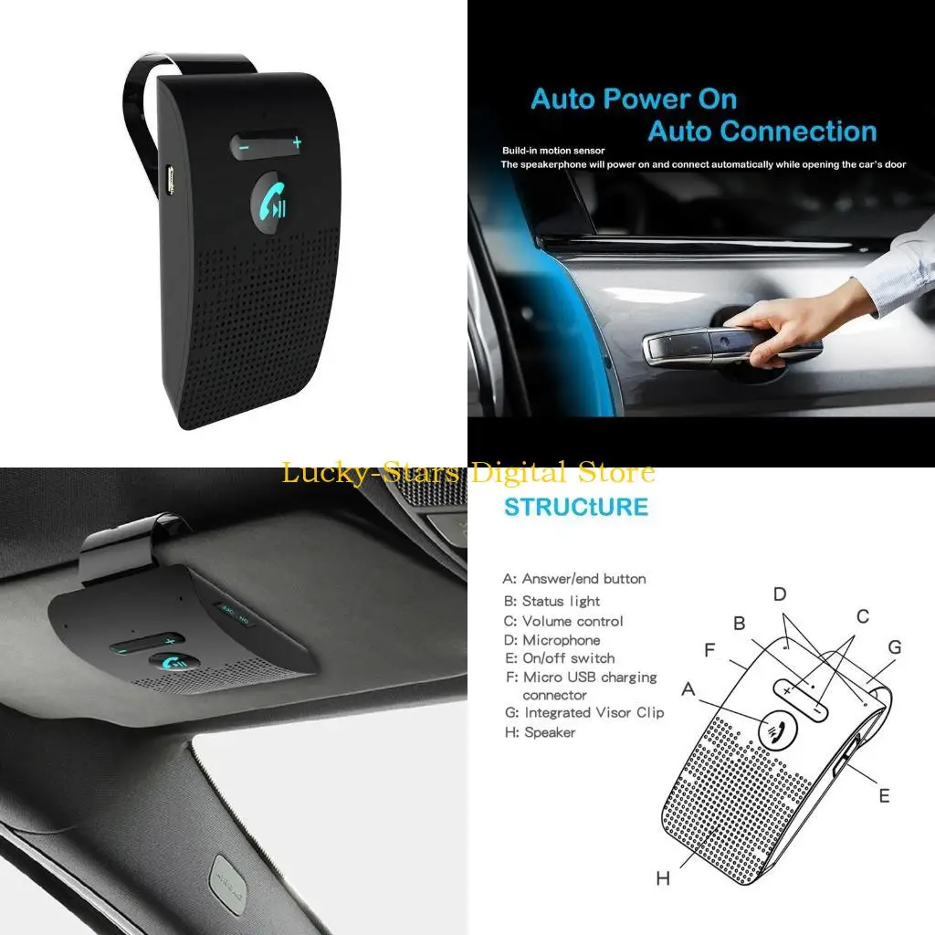 T3EE Hands Bluetooth-compatible 5.0 Car MP3 Stereo Speaker with Visor Clip