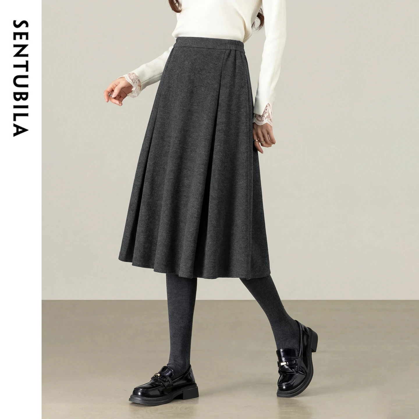 

SENTUBILA Women's Umbrella Skirt 2025 Solid Elastic Waist Wool Blend Loose A Line Skirt Winter Warm Women Clothing Q54QG6611