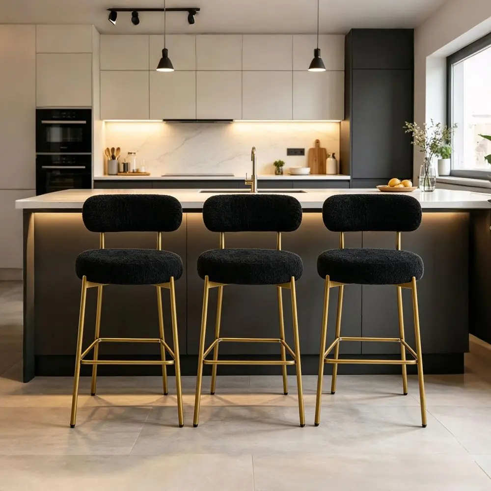 

Bar Stools Set of 3, Boucle Counter Height Bar Stools, 24 Modern Counter Stools with Backs, Upholstered Barstools with Gold Leg