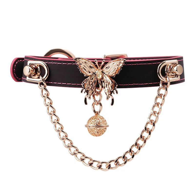 Black & Pink Temperature Color Changing PU Leather Choker, Butterfly & Bell Pendant with Chain Link, Fashion Collar Sex Toy