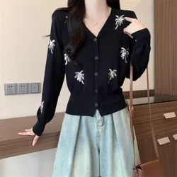 V-neck Patchwork Slim Knitting Cardigan Women Autumn Winter Fashion Glitter Sweater Coat Trend All-match Elegant Knitwear Tops