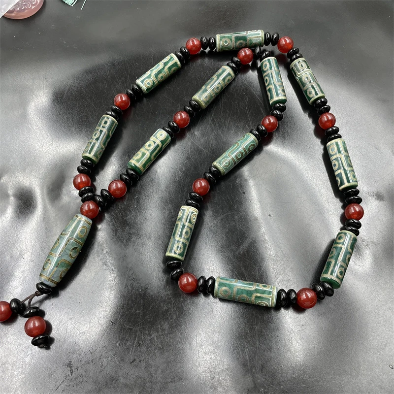 

Винтажное зеленое ожерелье в тибетском стиле с бусинами дзи (девятиглазые камни) и старинным агатом, цепочка для свитера