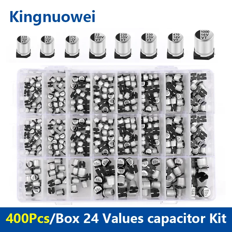 

400Pcs 24 Values SMD Electrolytic Capacitor Box kit 0.1UF-1000UF 10V-50V Mix SMD Aluminum Electrolytic Capacitor Assorted Kit