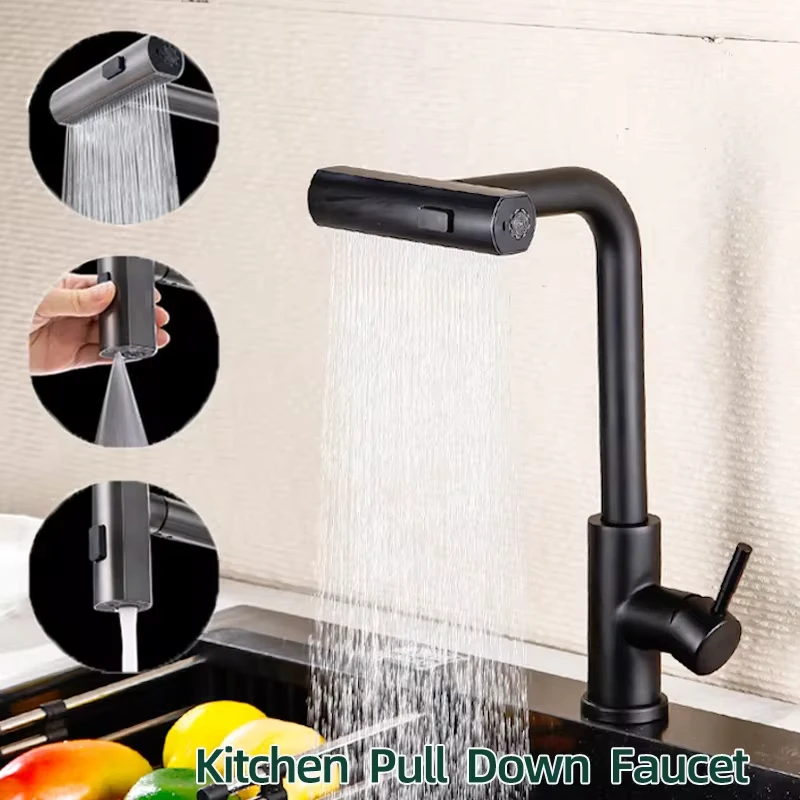 2024 new stainless steel rotating kitchen faucet pull out single handle three-in-one hot and cold waterfall hot and cold faucet