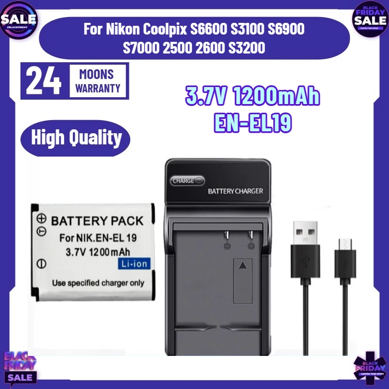 SWZY 3.7V 1200mAh EN-EL19 for Nikon Coolpix S6600 S3100 S6900 S7000 2500 2600 S3200 Camera + Charger