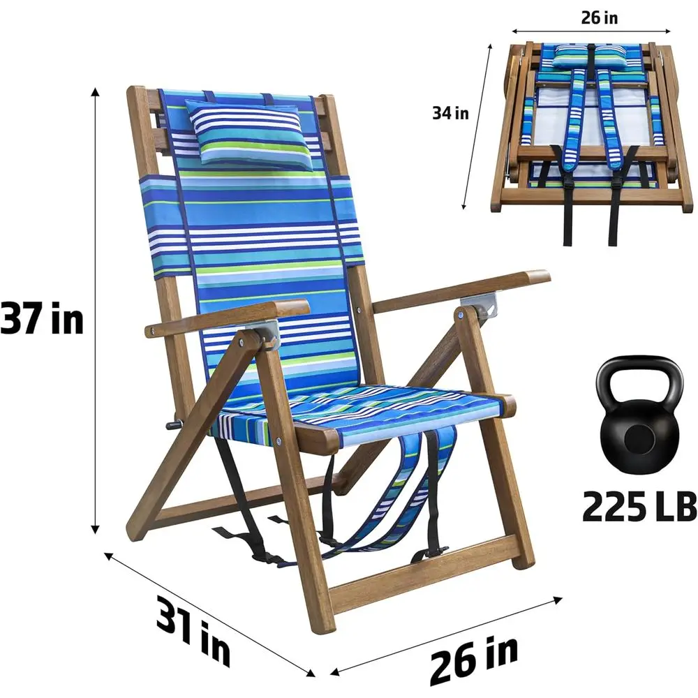 كرسي خارجي قابل للطي من خشب السنط مع 3 أوضاع، مقعد حبال، وسادة، جيب بسحاب، حزام حمل - سعة 225 رطلاً لـ #3