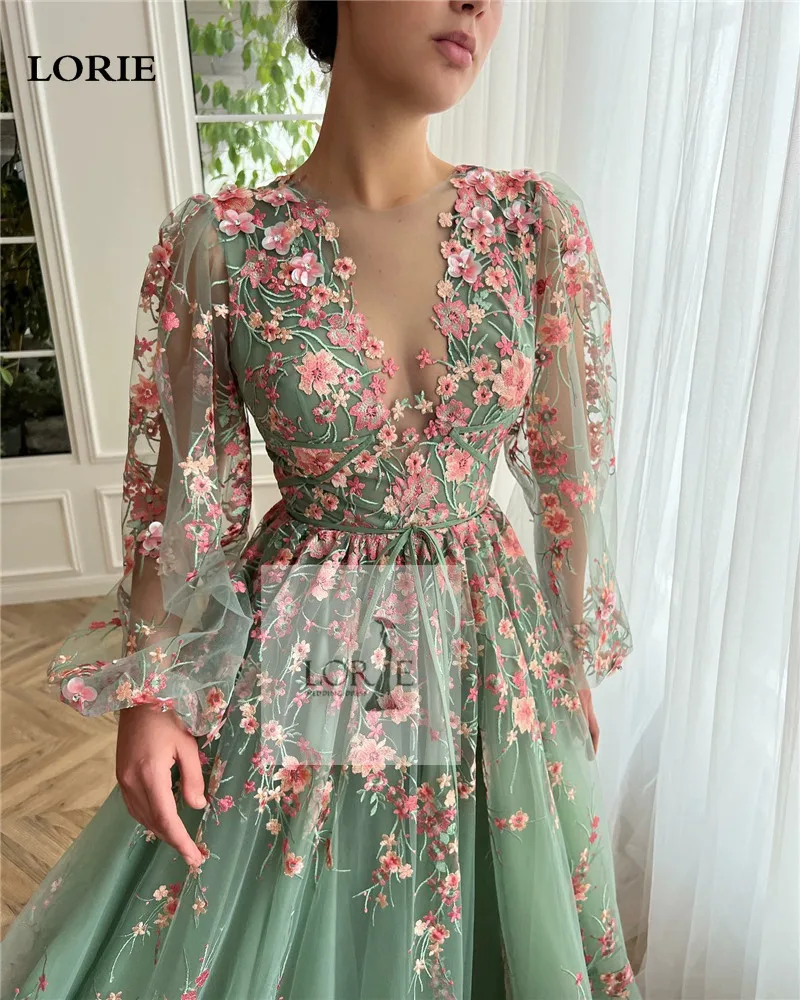 LORIE-Robe de Bal Verte à Manches Bouffantes, Col en V, Longueur de Rincage, Motif Floral Brodé, Fleur de Prunier, Tenue de Soirée Formelle