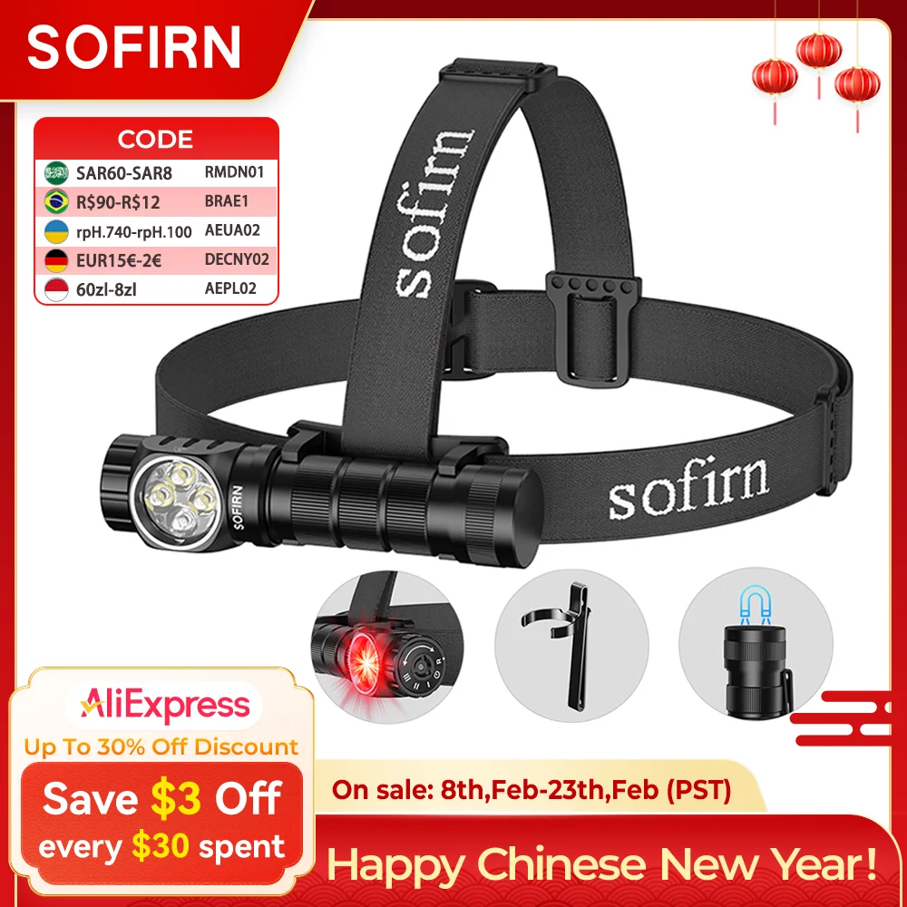 SOFIRN HS43 3200lm Headlamp 184m White&660nm Red LED Rotary Switch 21700 USB C Rechargeable Flashlight IPX6 Waterproof