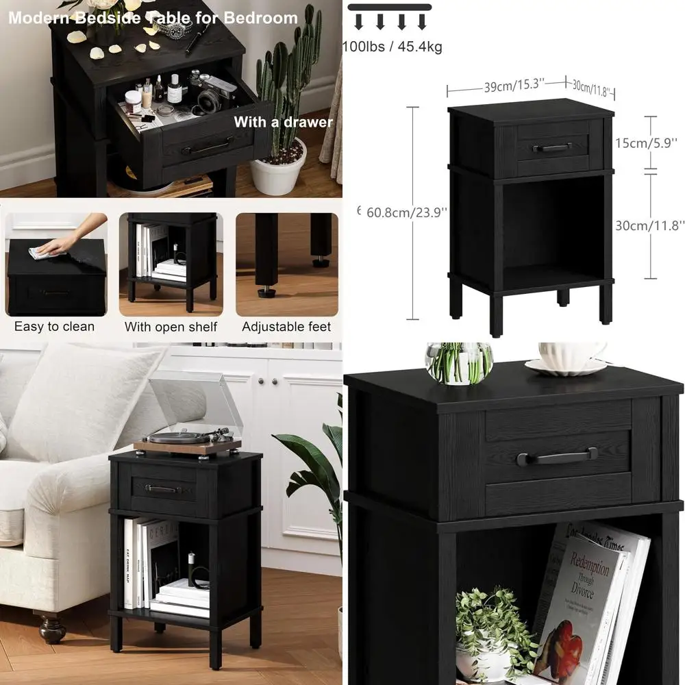 

Compact Wooden Nightstand with Drawer for Bedroom, Black Storage Side Table for Living Spaces