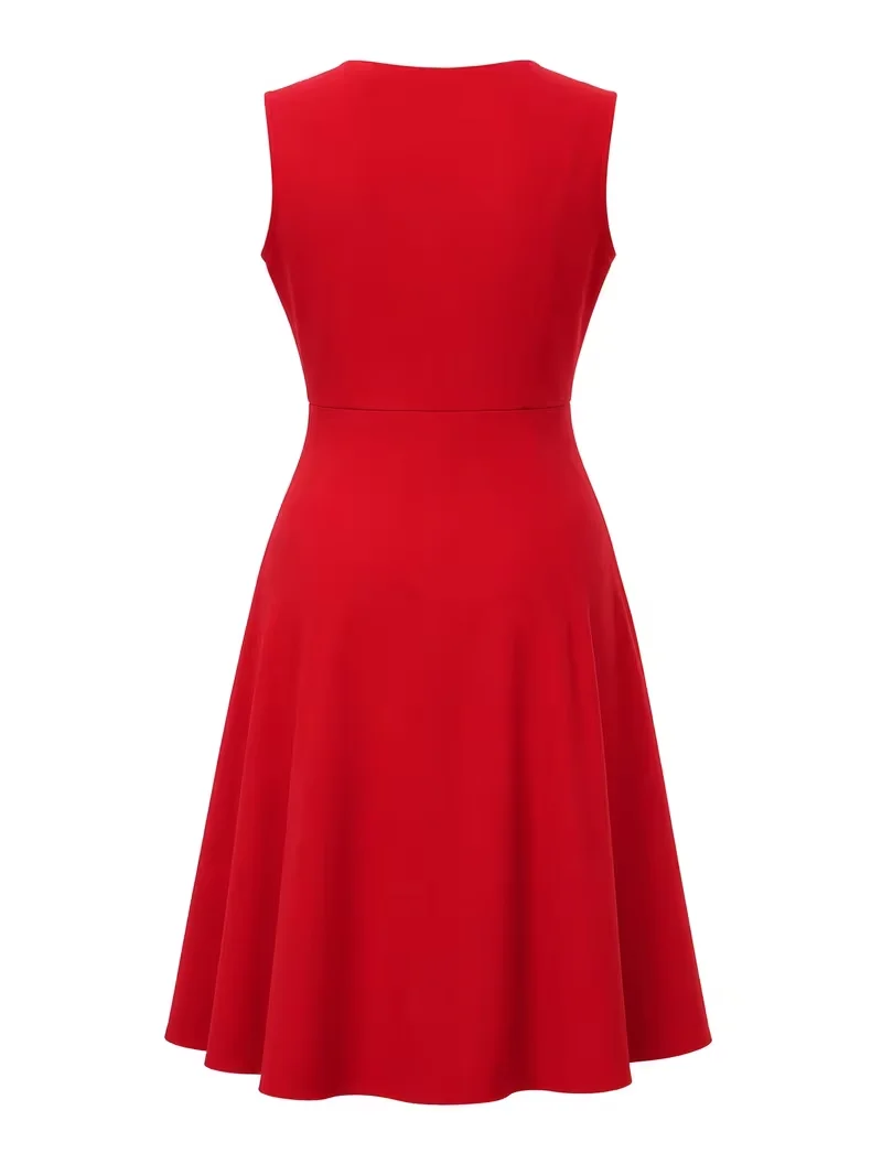 Plus Size Women Red Polka Dot Patchwork Sleeveless Elegant A Line Swing Cocktail Party Midi Dress - view 3