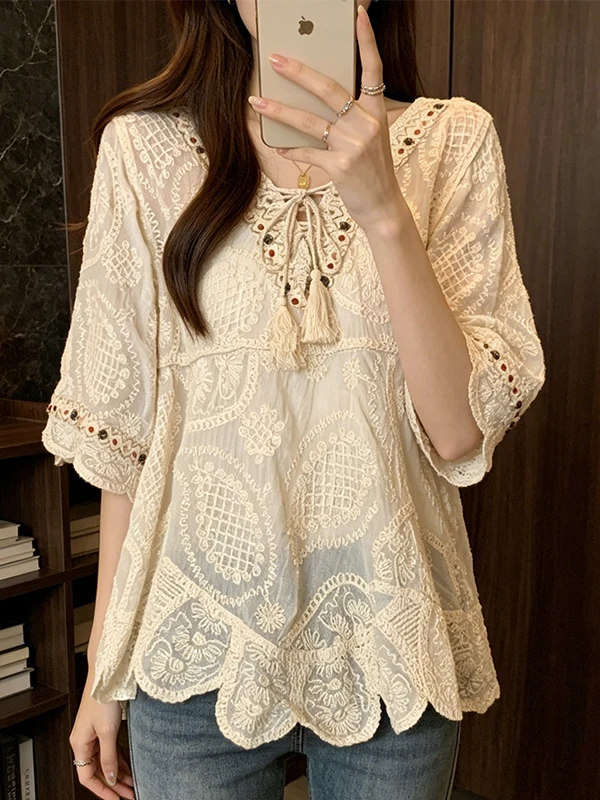 

Large Size Hook Embroidery V-Neck Lace Short Sleeve Women's Shirt Bohemian Style Top Breathable Skin-Friendly Korean Style