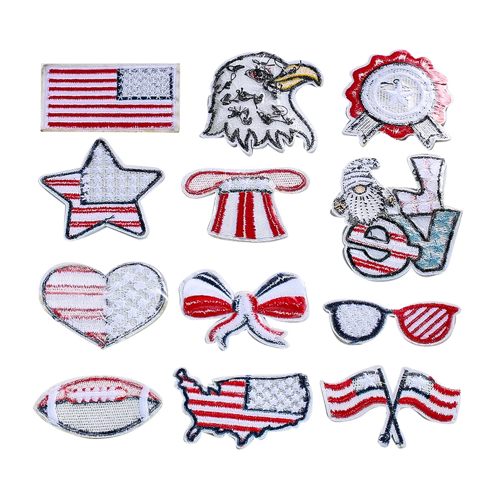 Set 12pcs Boutique American Flag Eagle Embroidered Badges Independence National Day Style Appliques for Clothes Shoes Hats Patch