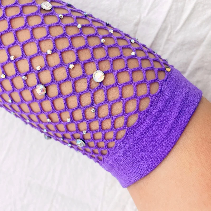 Women Flash Mesh Rhinestone Long Gloves Arm Sleeves Fishnet Fingerless Elastic Hollow Out Stage Performance Mittens