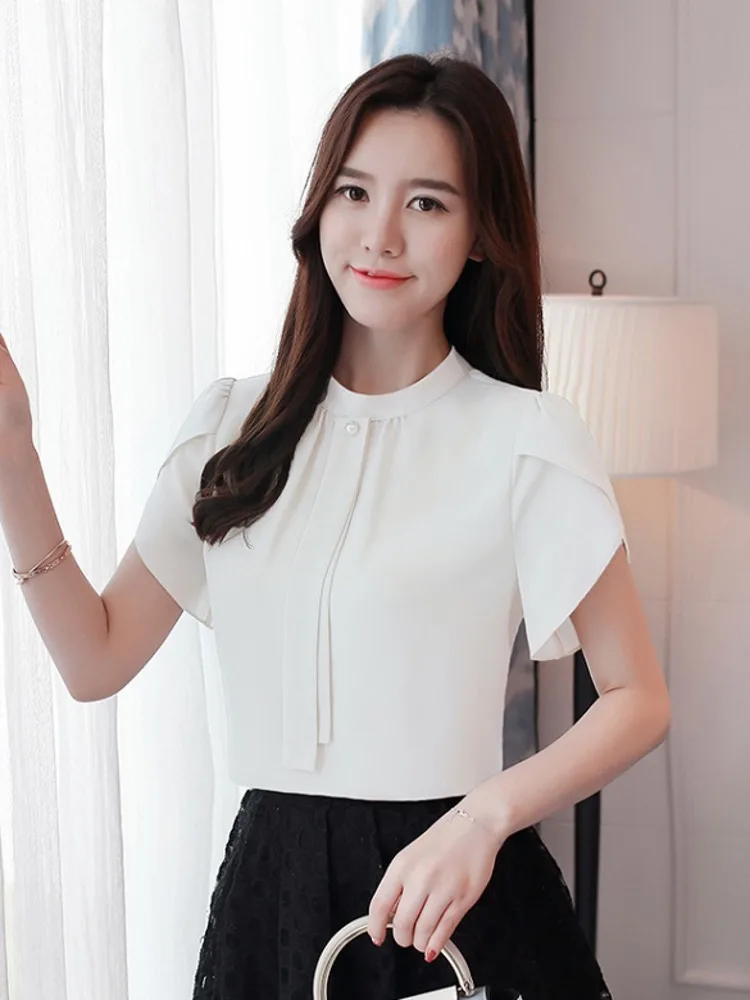 #3322 Summer Blouse Women Stand Collar Slim Fit Office Petal Sleeve Chiffon Blouse Femme Thin Elegant Ladies Tops And Blouses