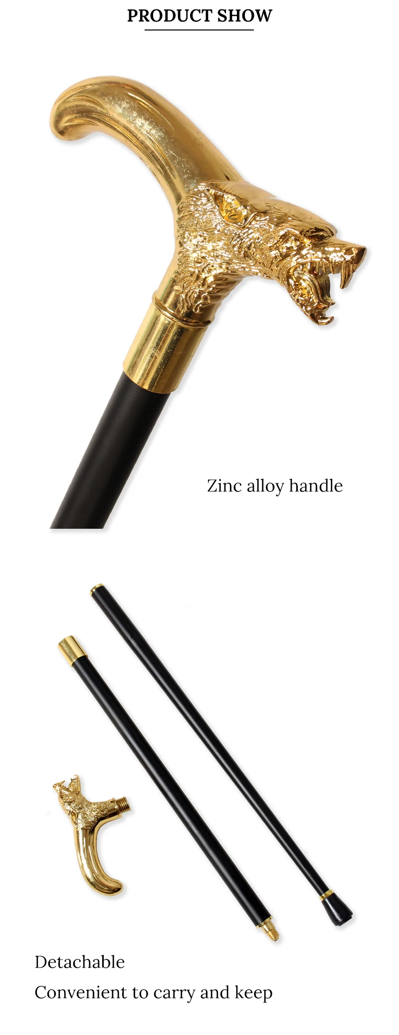 Gold Wolf Head Walking Cane with Curved Handle Detachable Decorative Walking Stick Men Women Cosplay Party Prop