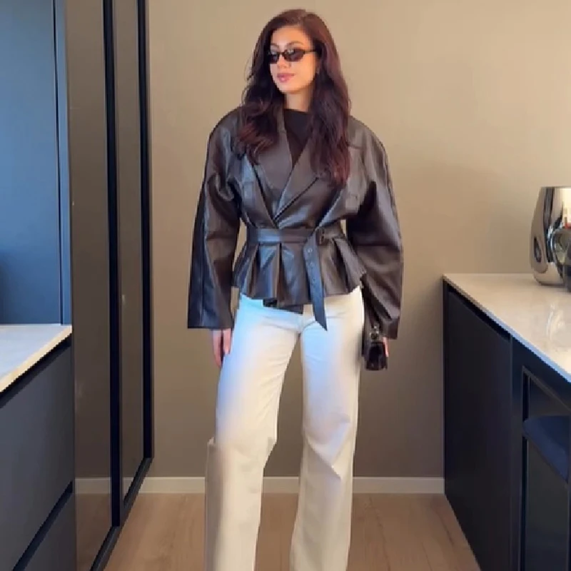 Motorcycle Style Pu Leather Jacket Chic Lapel Waist Cinched Belted Coat 2026 New High Street Fashion Women's Party Club Outwear