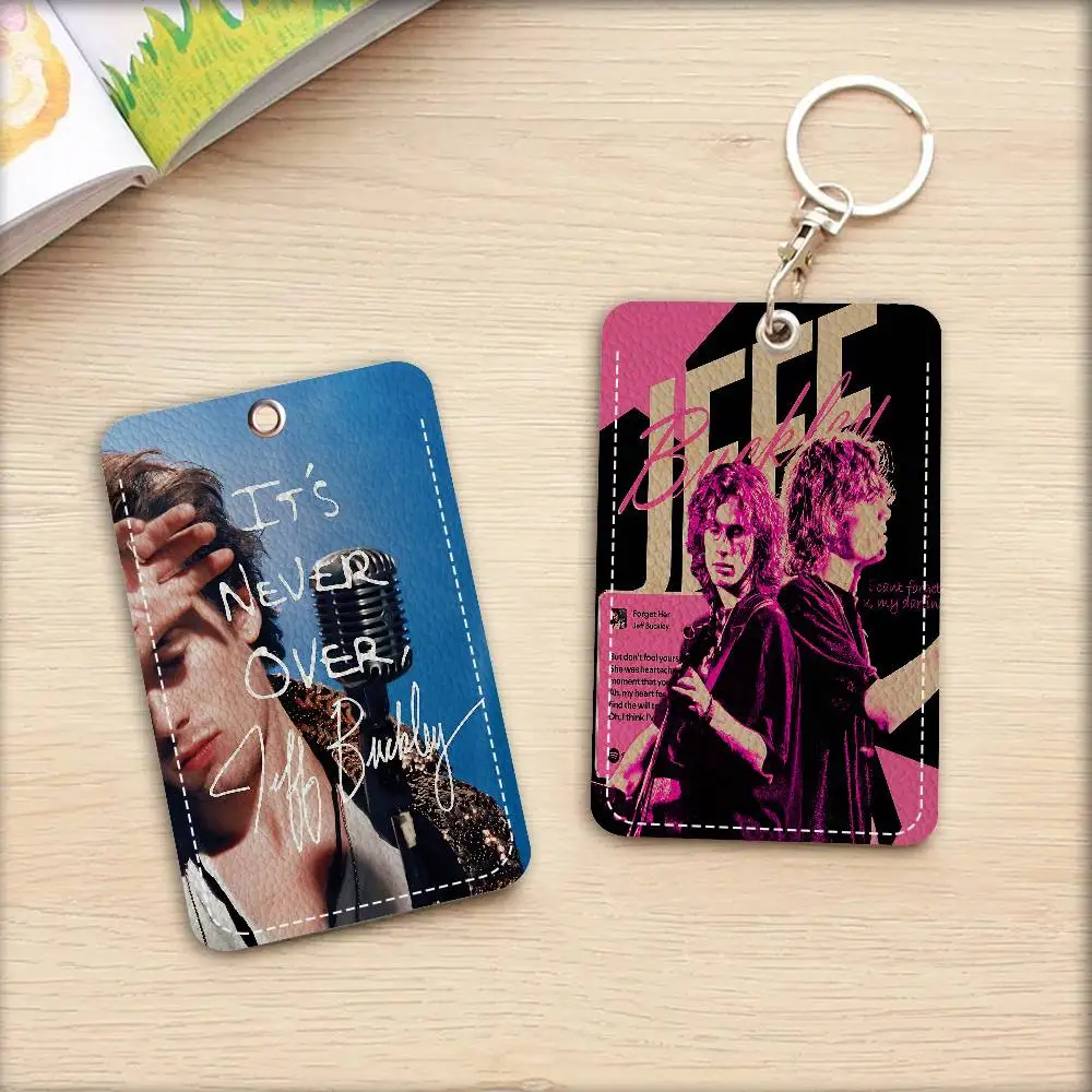 American Singer j-Jeff Buckley Rectangle ID Card Case Keychain Access Card Bag Key Tag Ring Leather Card Holder Key Ring Access