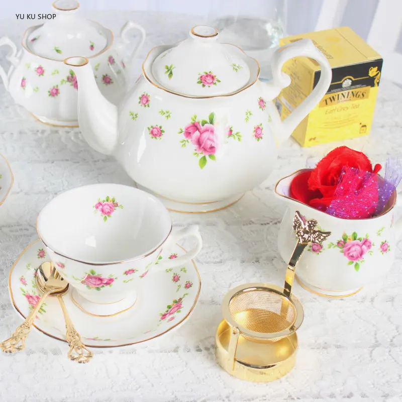 European Bone China Coffee Cup Saucer Ceramic Pot Teacup Dessert Plate Dish Sugar Bowl Milk Cup Flower Teapot Coffee Appliance