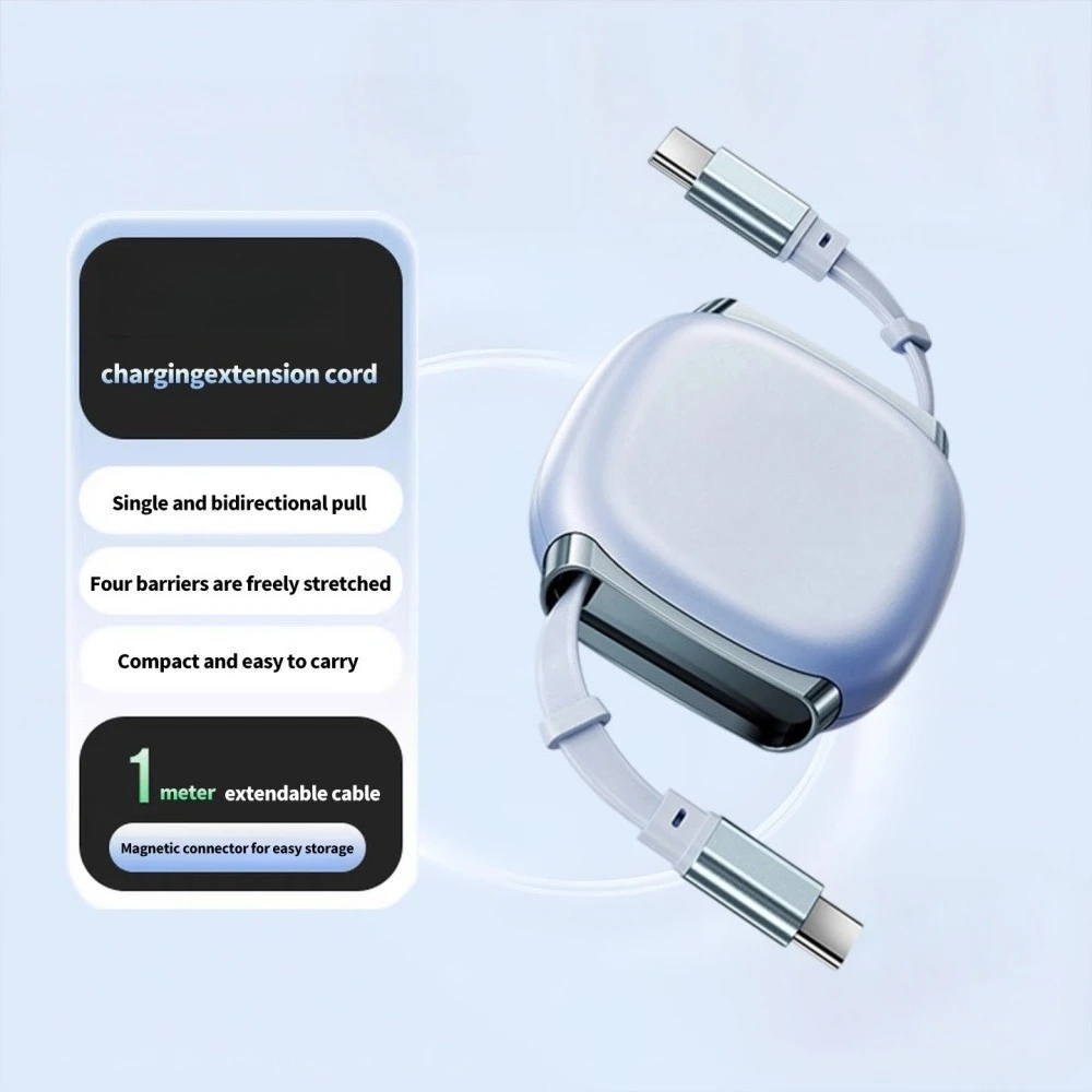 1m Retractable Fast Charging Cable USB C To C Auto Coiling for Travel Charging Phone Tablet Laptop for IPhone Samsung Huawei