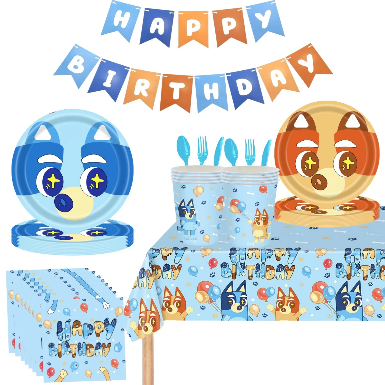 Hot Cartoon Bluey family Dog Birthday Party Supply Disposable Banner Cake Topper Hanging Flag Balloons Set Birthday Decorations