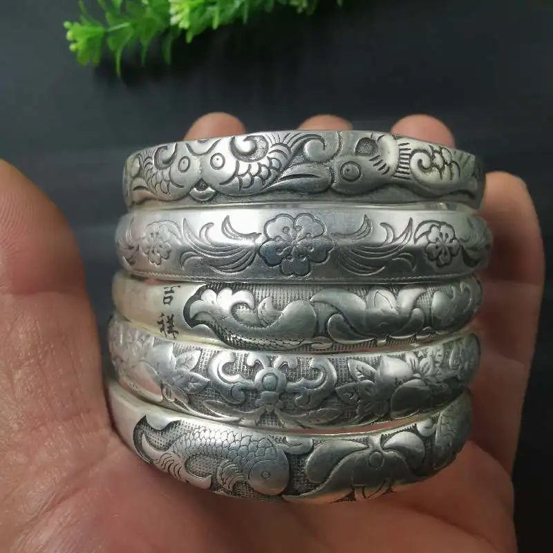 Tibetan Miao Vintage Ethnic Style White Copper Silver Plated Bracelet Multiple Styles Push-Pull Open Copp