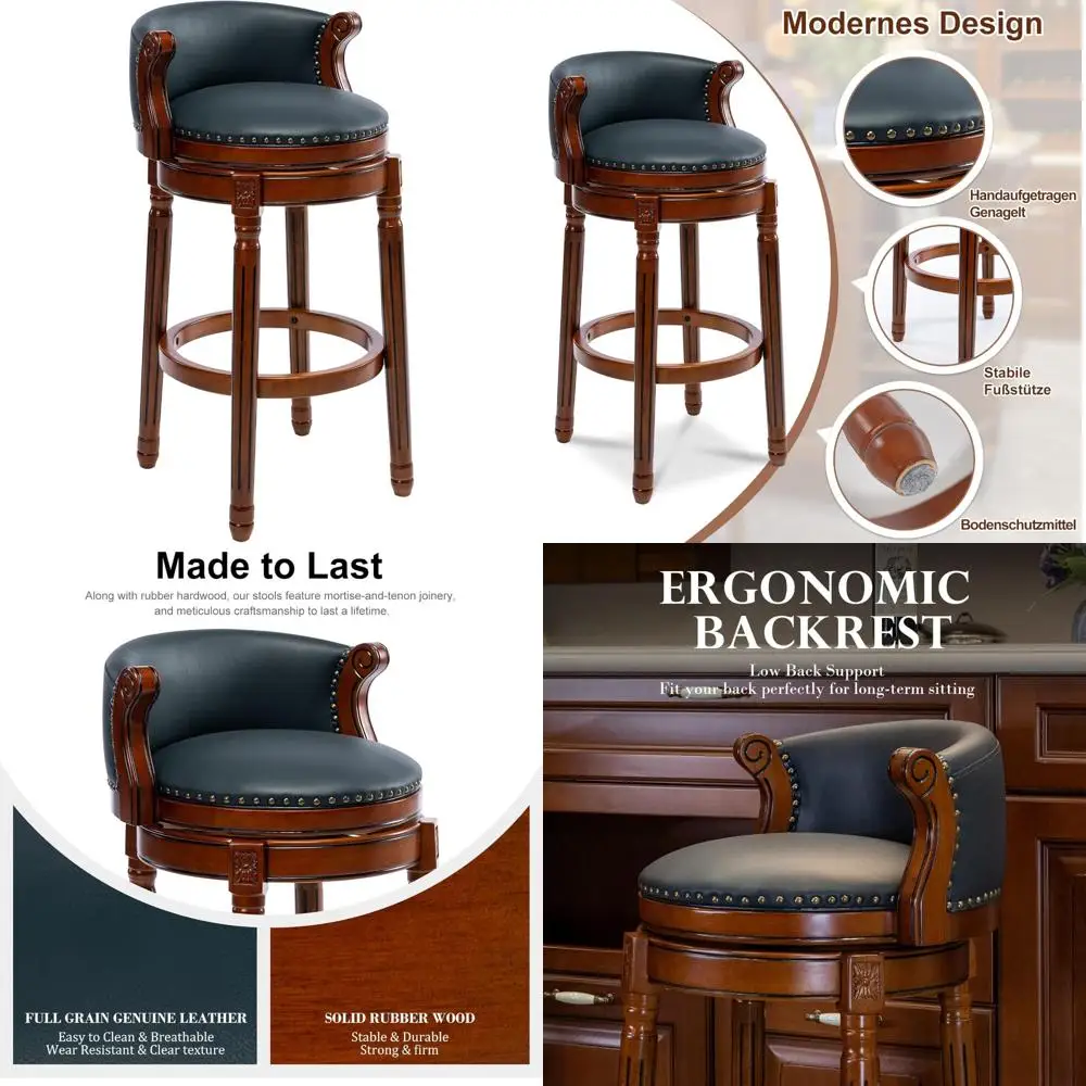 

Leather-Cushioned Swivel Bar Stools with Backrest and Footrest, Rubberwood Counter Height for Home and Kitchen Use