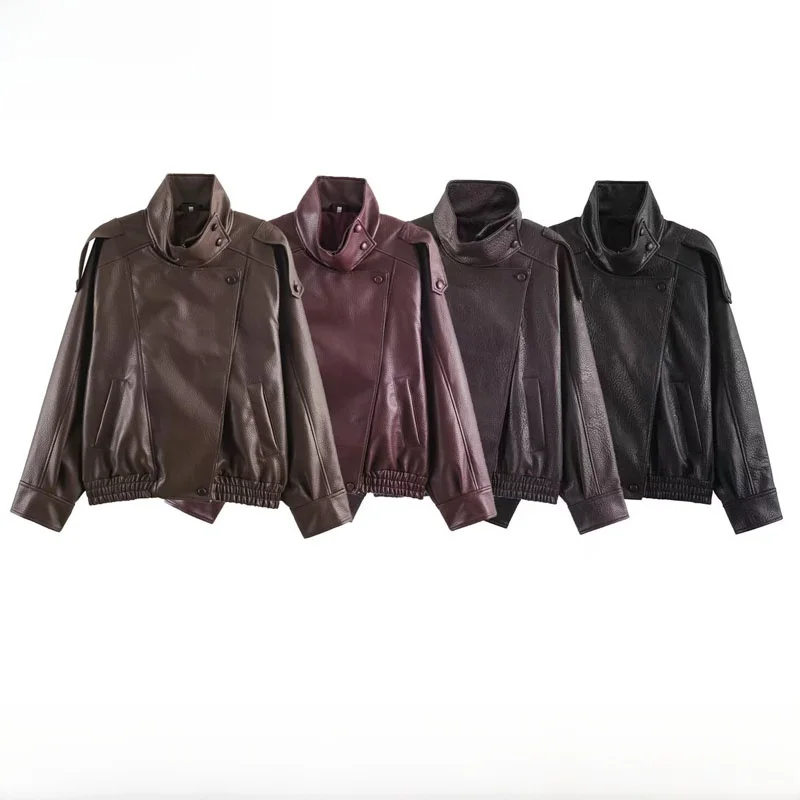 Spring Summer New Arrival Women's Fashionable Versatile Faux Leather Jacket Outerwear ZR Style 4341842 Polyester Fiber Warmth