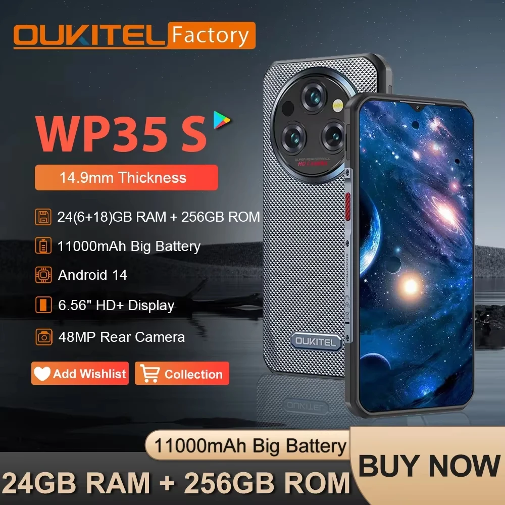 Глобальная версия Oukitel WP35 S — защищенный смартфон с 6,6-дюймовым дисплеем, поддержкой 5G, 24 (8+16) ГБ памяти, аккумулятором 256 ГБ, батареей 11000 мАч, 48-мегапиксельной камерой, Android 14, NFC.