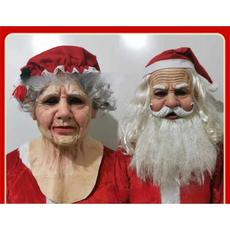 Christmas Blast White Hair Grandma Santa Mask Head Over Christmas Beard Grandpa Props