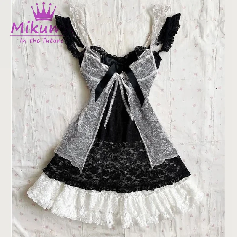 Mikumn Harajuku Kawaii Y2k Ästhetisches Vintage Spitzenkleid Damen Gothic Sexy Schnür-Cardigan mit Schleife Spaghetti-Träger Minikleider