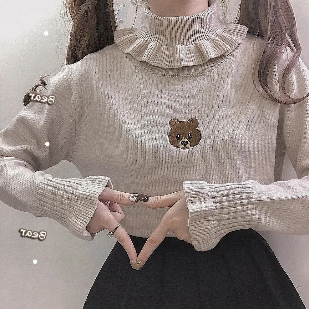 Female Harajuku Cute Bear Girl Turtleneck Sweater Vintage High Neck Kawaii Ruffles Knitted Pullover Women Slim Jumper