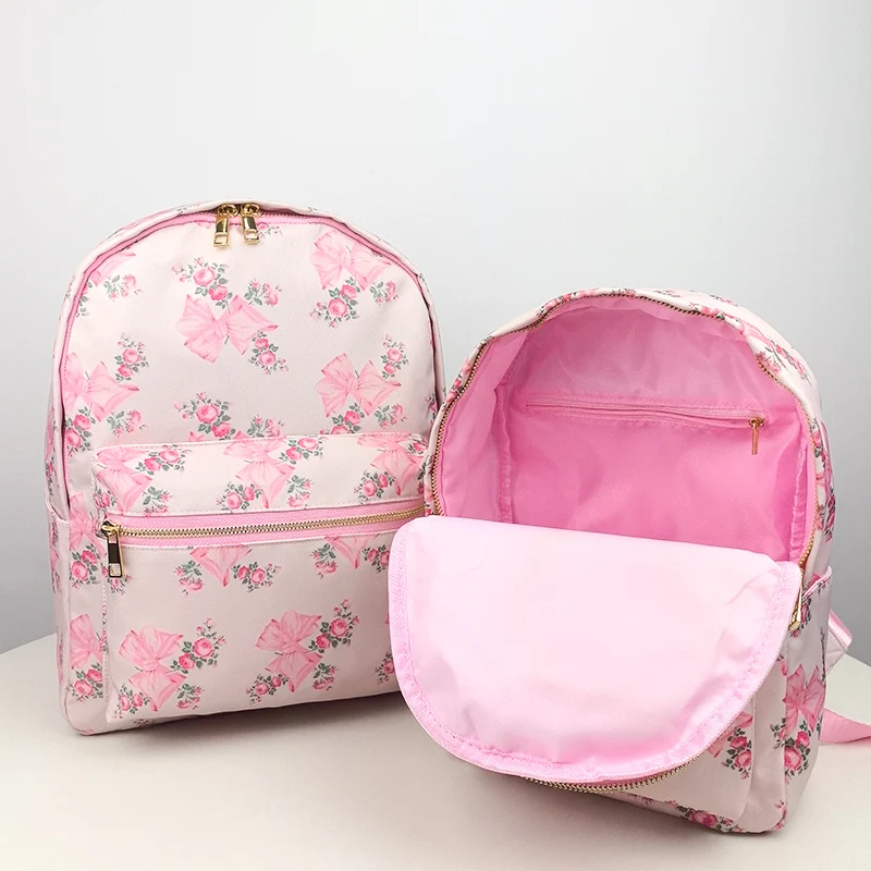 2PCS/SET Trendy Flower Bow Printing School Bag Lunch Bag Large Capacity Nylon Backpack Cute Students Insulation Ice Bento Box